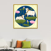 Exquisite Pichwai Square Canvas Painting with Cow and Lotus Design FF052
